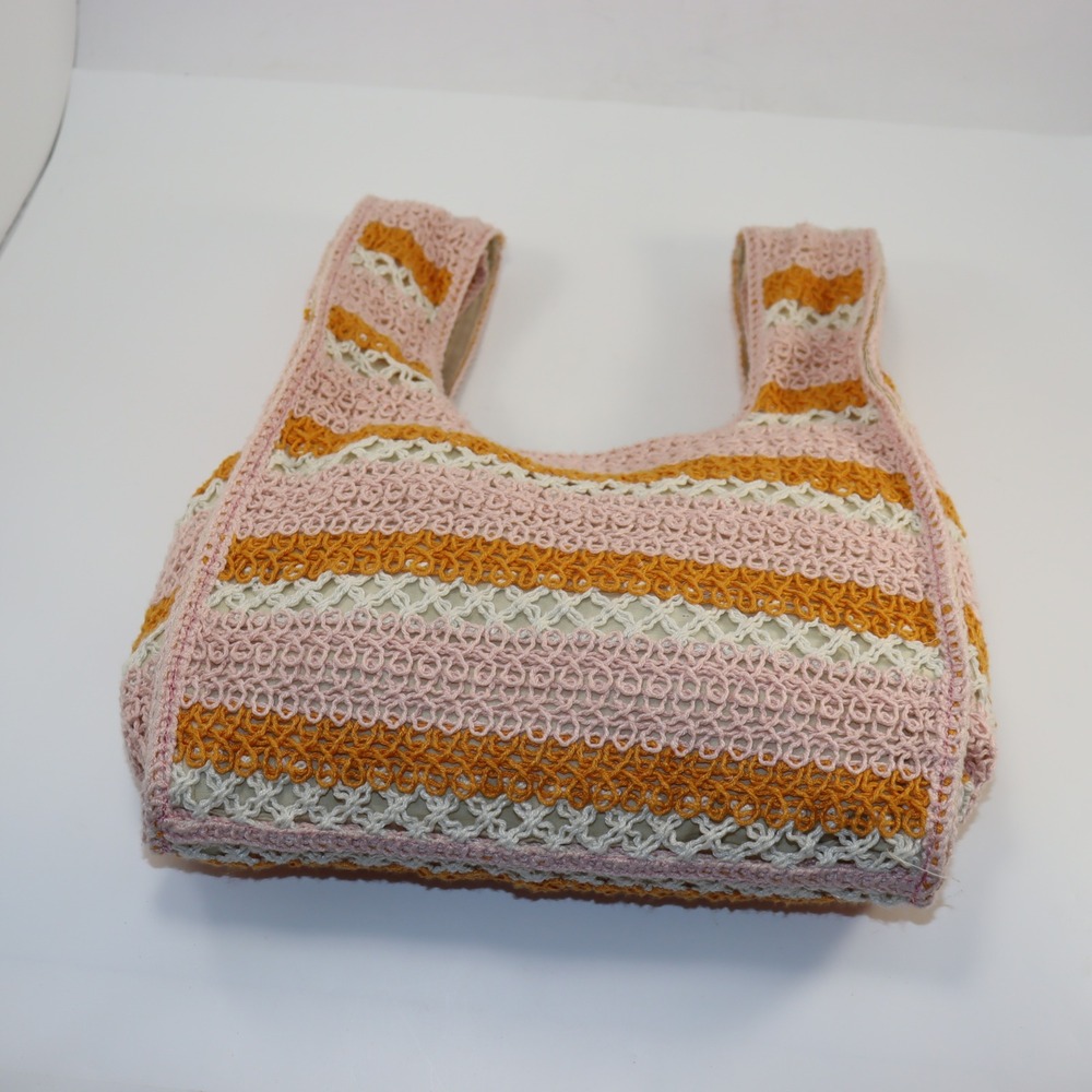 Wild Fable Crochet Tote Bag Womens OS Pink Yellow Striped Boho Cottagecore Purse